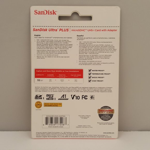 SanDisk Ultra PLUS SDHC UHS-I 32GB Card w/ Adapter Class 10 - Picture 2 of 4